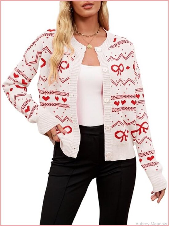 Sweaters - Kawaii Bow Heart Pattern Cropped Button Up Cardigan Sweater
